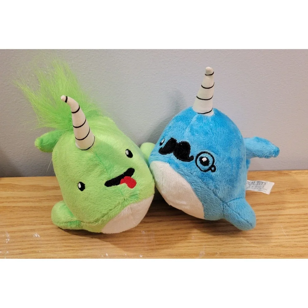 Ideal Toys Direct Plush Narwhal Set Mustache Monocle & Green Tongue 7 Inch 2pc